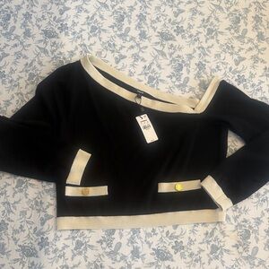 Express Black and Cream Off-Shoulder Trim Sweater Top